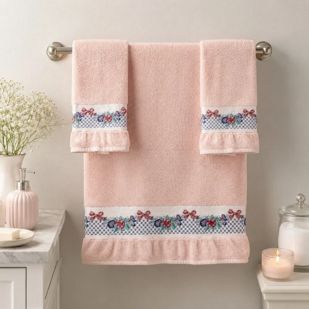 Vintage BIBB Pink Floral Ribbon Bath Towel Set USA Cottagecore Shabby Chic